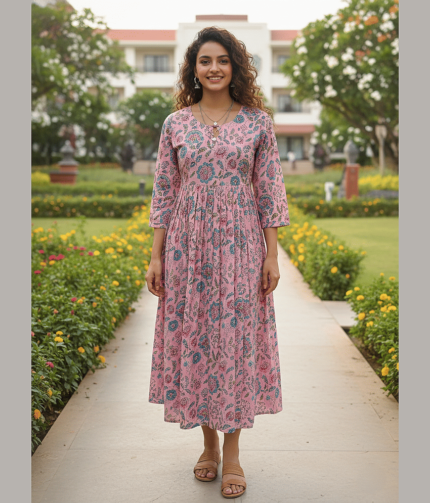 Rajnandini Women Cotton Printed Ethnic Dress ( Pink )