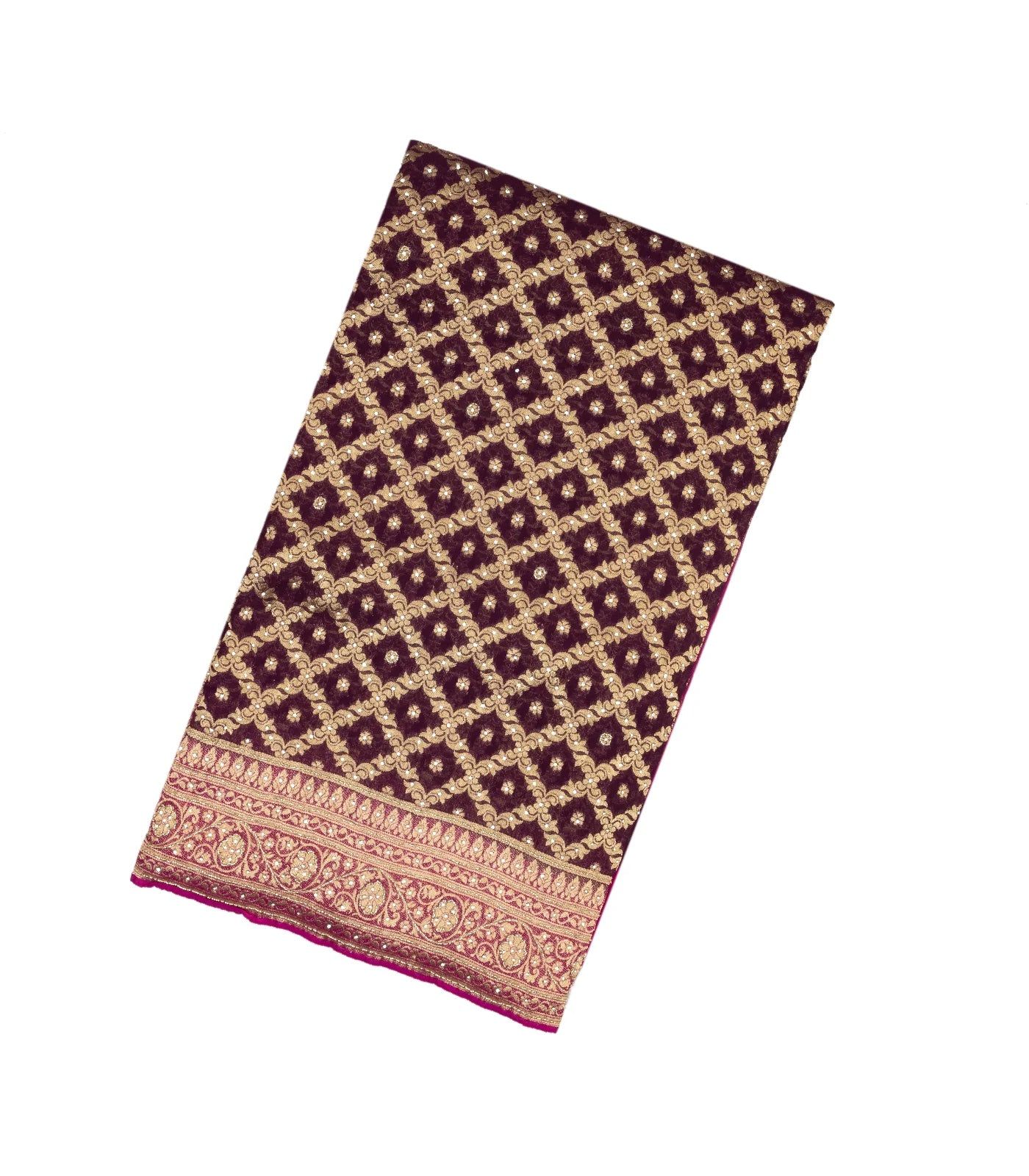 Burgundy Woven Banaras Khadi Georgette Saree With Floral Jaal Motifs-BE1237-Burgundy