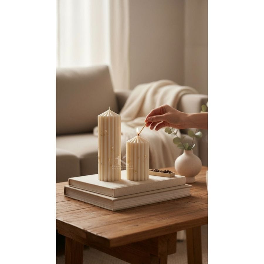 RIBBED STRIPPED SOY PILLAR CANDLES- PAIR