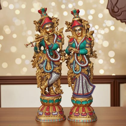 Brass Radha Krishna Pair Idol - Coral Stone Finish Showpiece, Height : 28 Inch (BSMAS468)