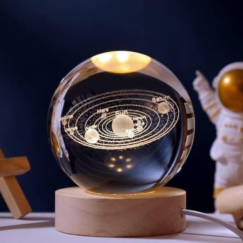 3D Crystal Ball Solar System with Wooden Base, LED Light, Space Theme Decorative Globe