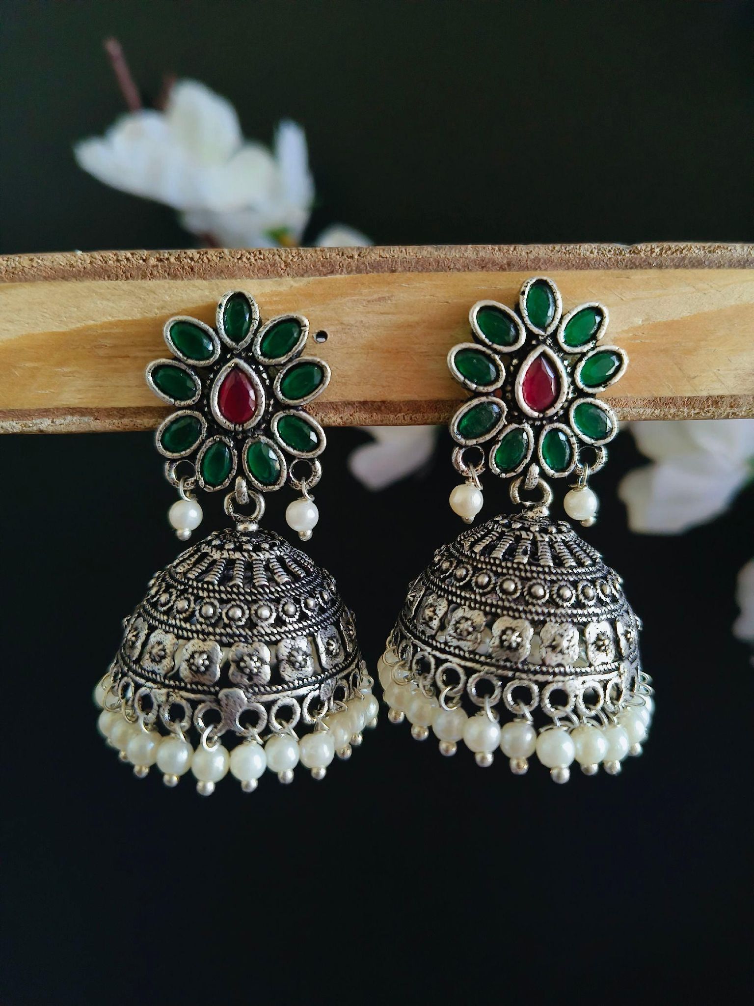 Oxidised Pearl & Stone Jhumka Earrings for Elegant Occasions | Sarichka-Red+Green