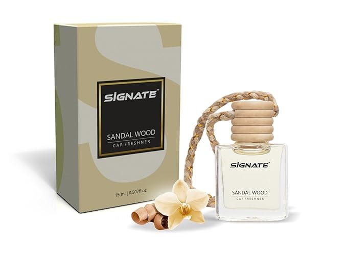Signate Car Perfume with Natural Fragrance Essential Oils | Car Air Fresheners Long Lasting Upto 90 Days | Hanging Pod in Glass Bottle with Wooden Diffuser Lid 15ml (Sandal air)
