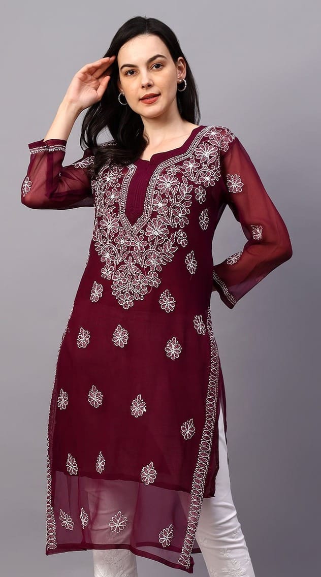 MRS RIGHT CHIKANKARI MAROON GEORGETTE KURTI
