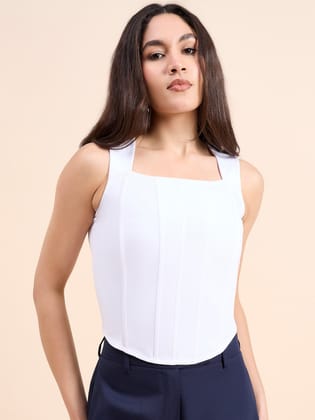 Solid White Square Neck Corset Crop Top In Stretch Fabric-XS