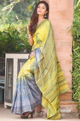 Awesome yellow And gray Thread Linen Digital Printed Sari 11305