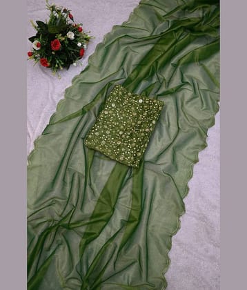 Aika Organza Solid Saree With Unstitched Blouse Piece ( Green )
