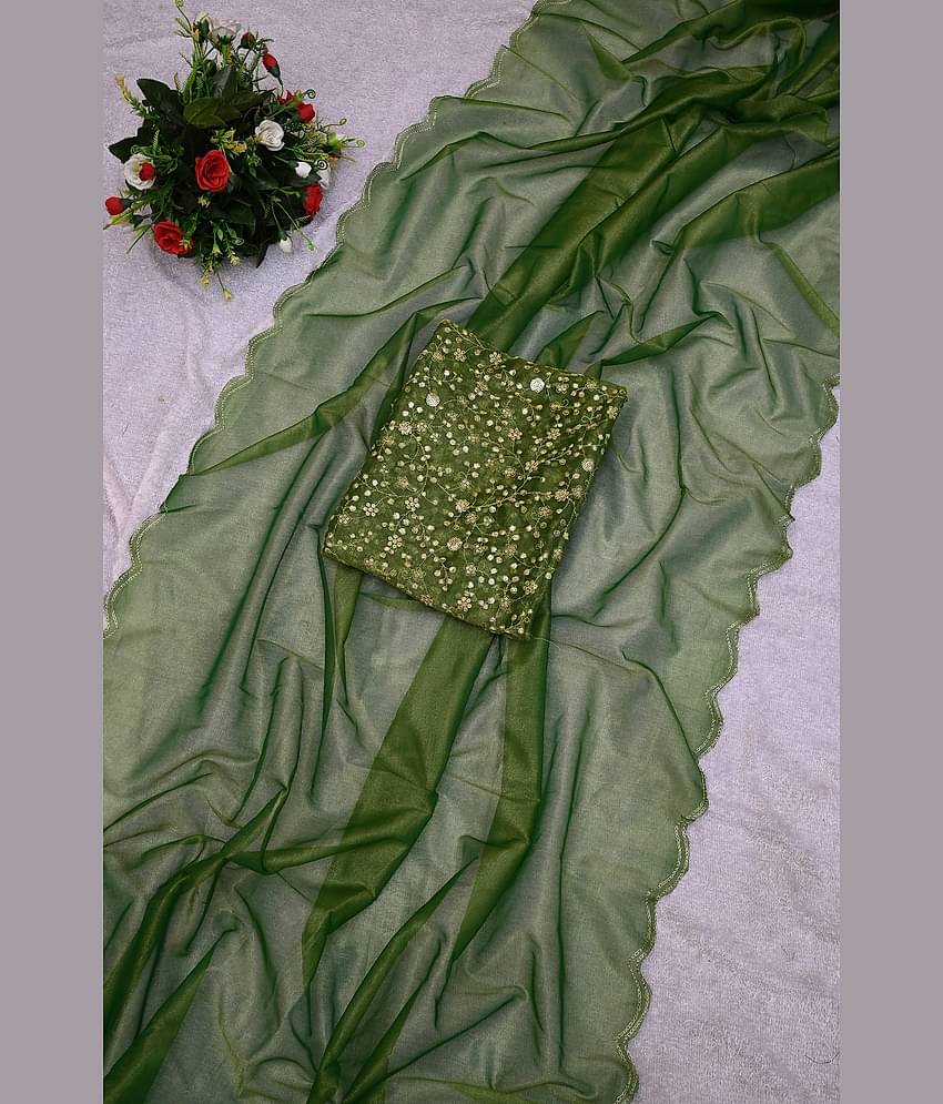 Aika Organza Solid Saree With Unstitched Blouse Piece ( Green )