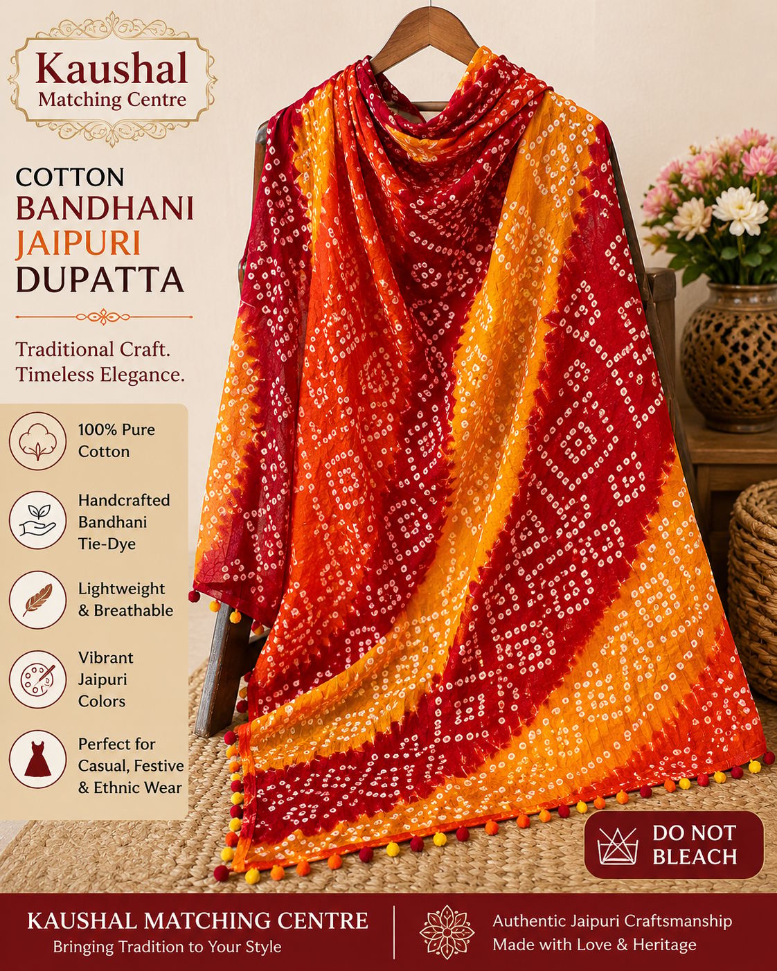 Kaushal Matching Centre Cotton Bandhani Jaipuri Dupatta for Women