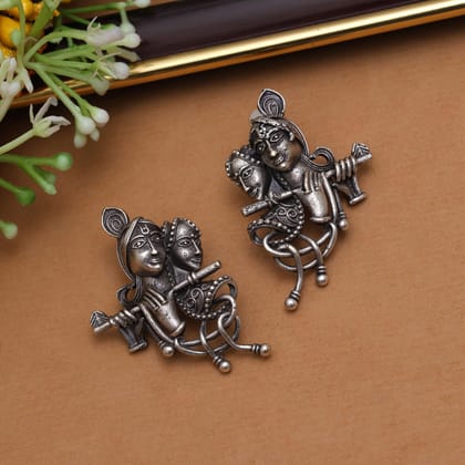 Silver Color Lord Radha Krishna Oxidised Earrings (GSE2826SLV)-Length: 4.00 CM x Width: 3.00 CM / Silver / Brass With Good Quality Silver Plated