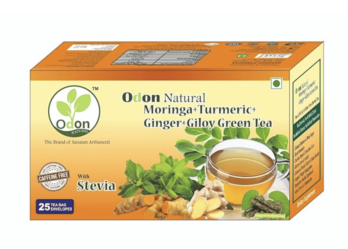 ODON NATURAL Moringa Turmeric Ginger Giloy Herbal Green Tea with Stevia | 25 Tea Bags | Natural Immunity Booster | Detox & Stress Relief | Sweetened Herbal Blend | Caffeine-Free Wellness Tea