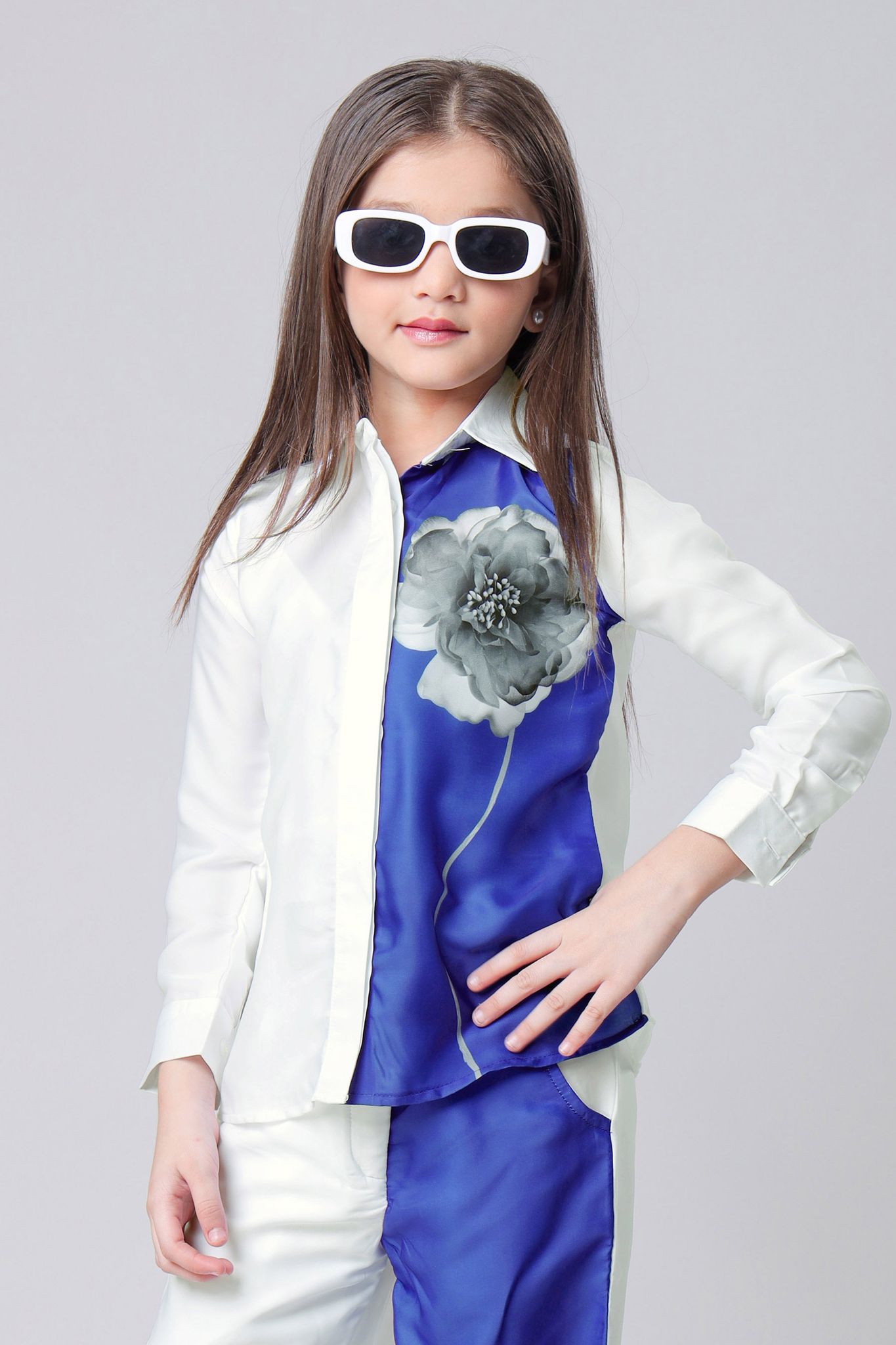 Royal Floral Girls Regular Fit Spread-Collar Shirt-1 Year / Royal Blue