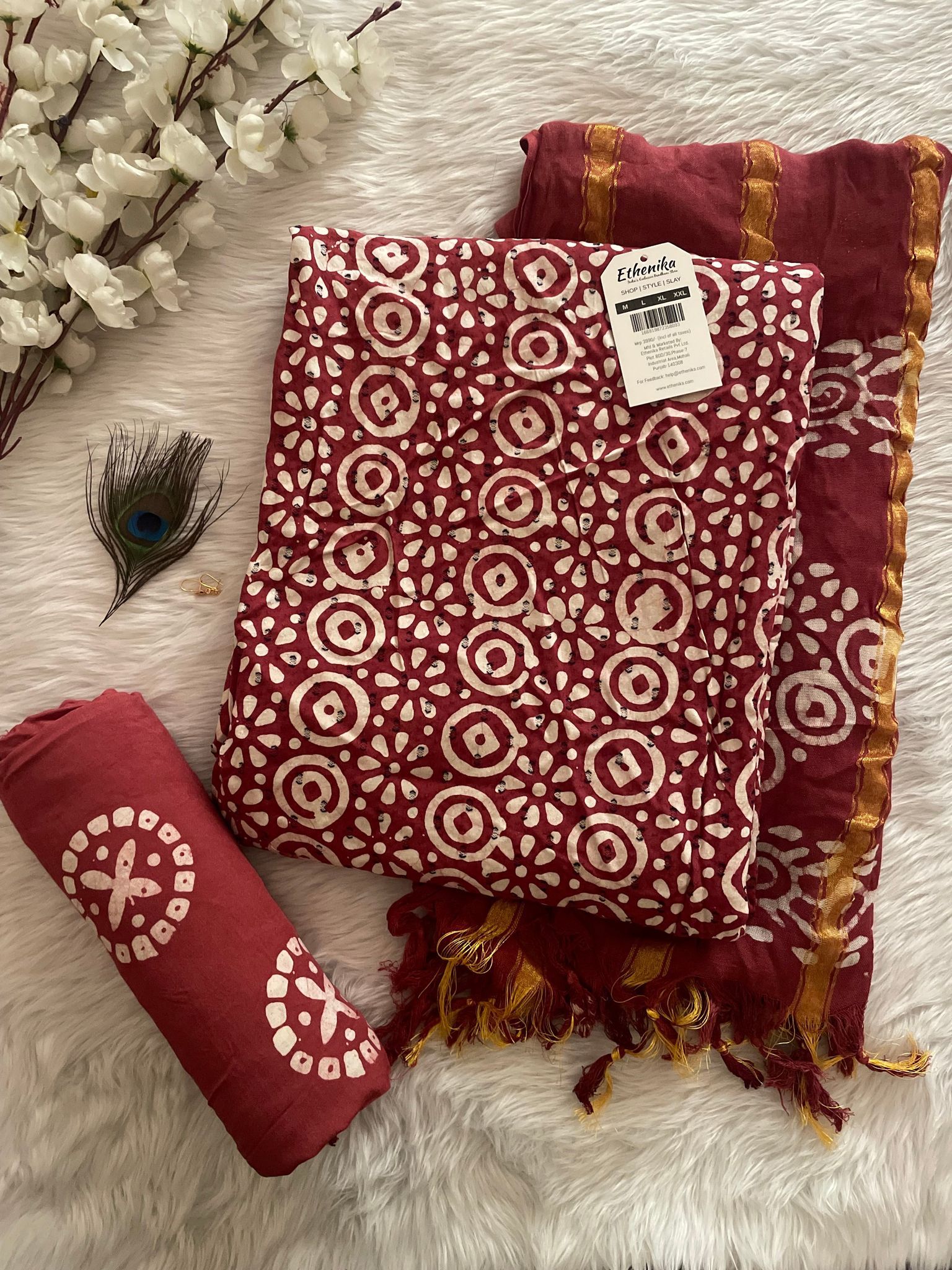Reyon Cotton Hand Blocked Batik Dress Material (Unstitched)-Rust