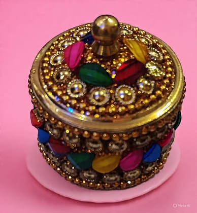 Gold Traditional Handmade Brass Round Kumkum & Sindoor Box For Utility Gift
