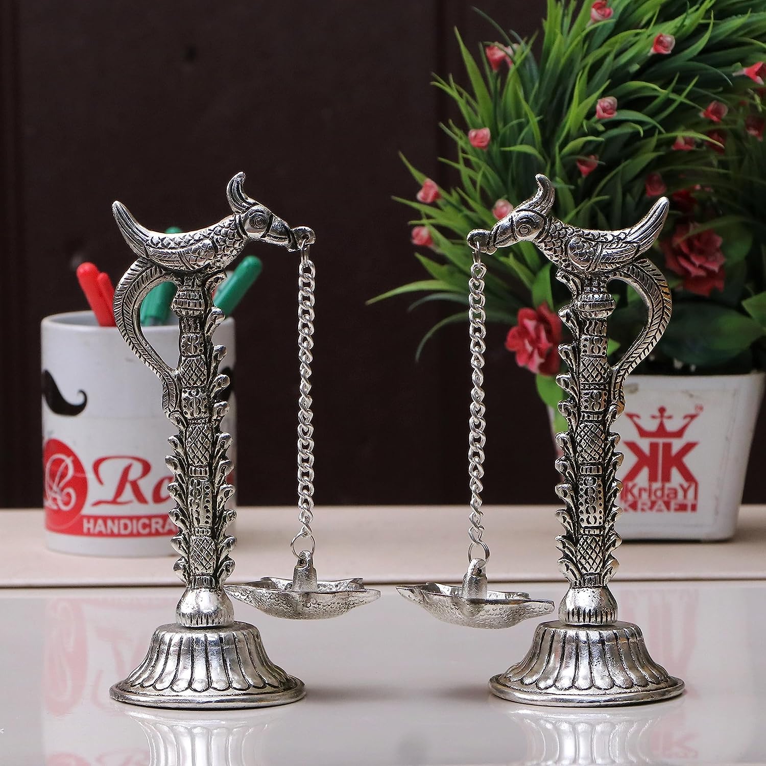 DreamKraft Silver Plated Metal Hanging Diya Pair - Parrot Design | Pack of 2 | Pillar Parrot Design | 7.5 Inches