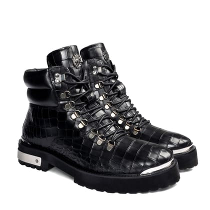 Metal Plate Black Lace-Up Chunky Boots in Croco Textured Leather with Zip Closure By Brune & Bareskin-40/6