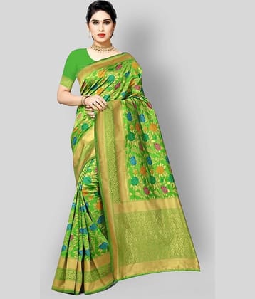 NENCY FASHION Banarasi Silk Printed Saree With Unstitched Blouse Piece ( Green )