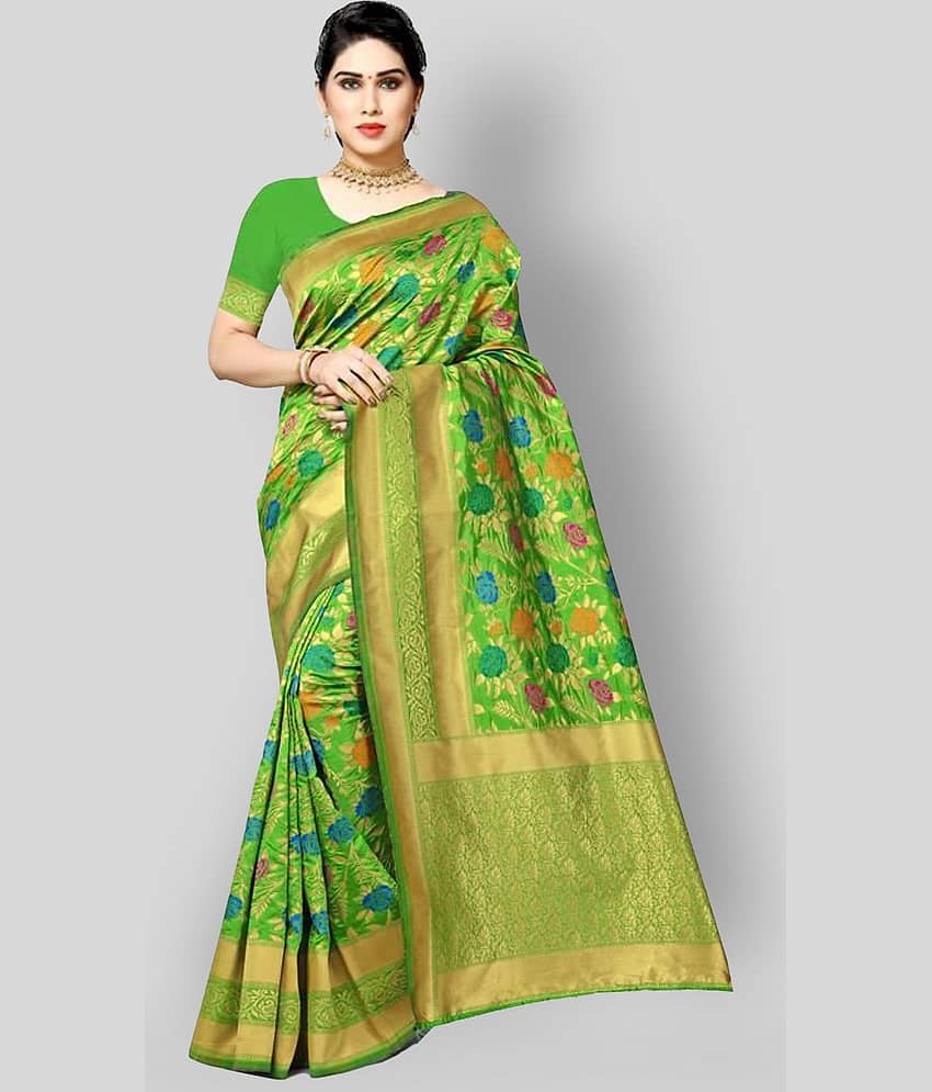 NENCY FASHION Banarasi Silk Printed Saree With Unstitched Blouse Piece ( Green )
