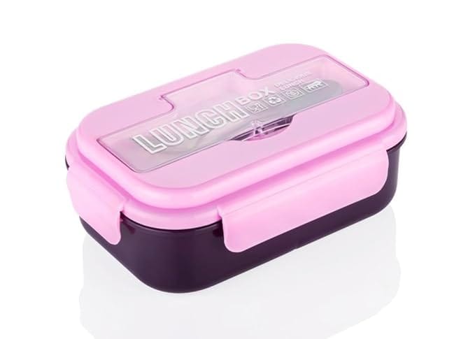 Magic Meal Lunch Box Comes with 3 Compartments and 2 Spoons With Heavy Plastic Material (Pink Color)