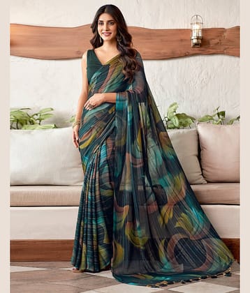 Satrani Georgette Printed Saree With Unstitched Blouse Piece ( Rama )