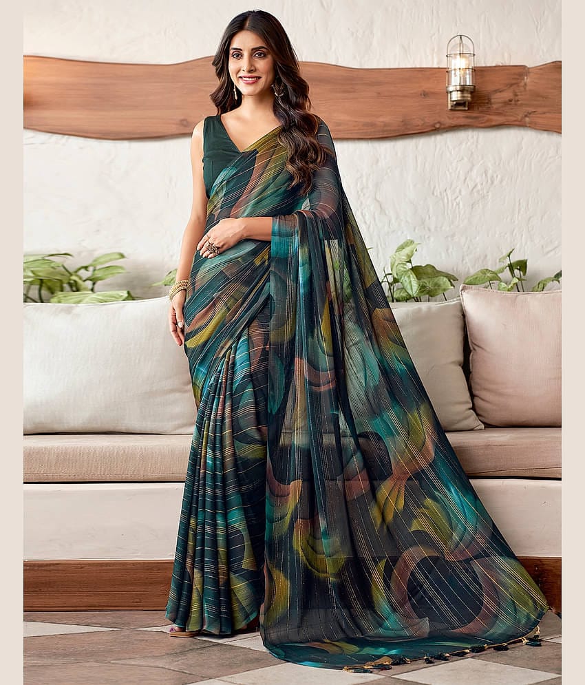 Satrani Georgette Printed Saree With Unstitched Blouse Piece ( Rama )