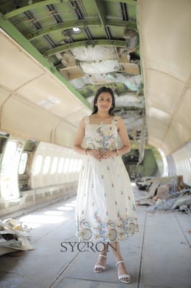 Abalone Pure Embroidery Work On Khadi Cotton Fabric maxi Frock-Off White / S-36