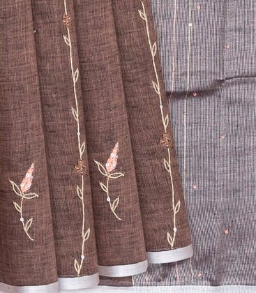 Brown Handloom Linen Saree With Floral Vine Embroidery-Brown-Brown