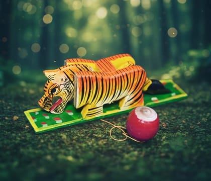 Icrafts Handmade Wooden Tiger Pair – Traditional Multicolor Wooden Figurines (L: 11.43 cm × B: 3.81 cm × H: 11.43 cm, Weight: 150 g Each)