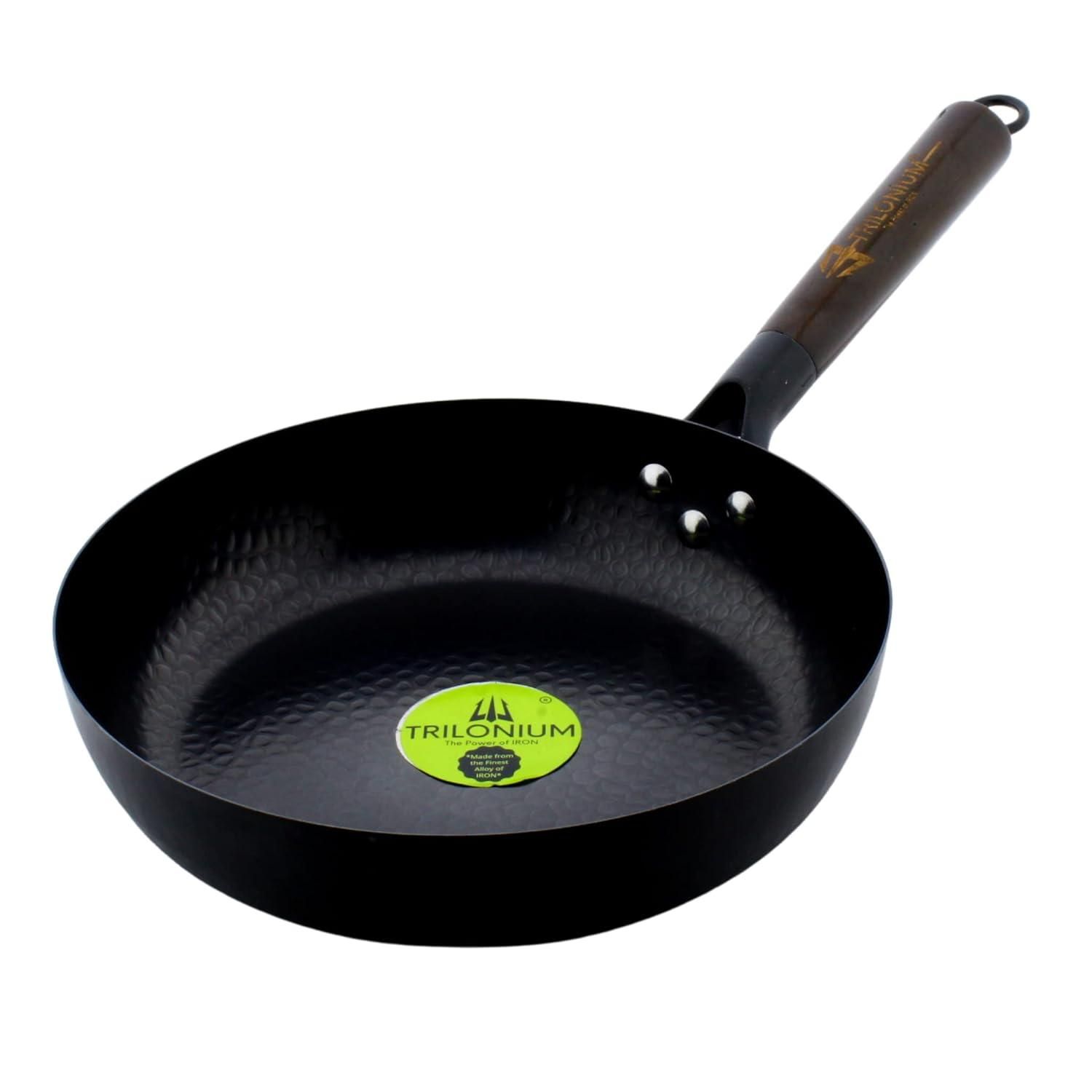 TRILONIUM Carbon Steel Skillet Fry Pan 26 cm / 10 inches | Hammered and Pre-Seasoned | 2 litres | Weighs 0.8 Kgs