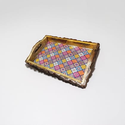 BELONGINGS Wooden Tray for Serving | Serving Tray with Beautiful Resin Art Design | Set of 1 | Size : 15 x 10 inch 100% Wood | Enamel Coated Waterproof | | Rectangular  Random color