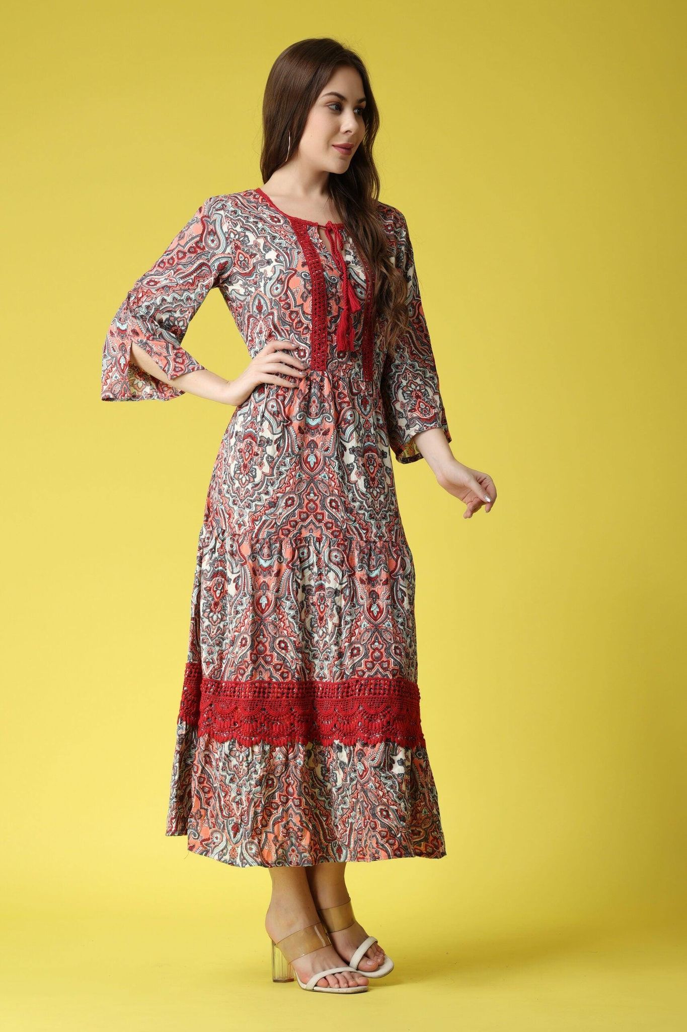 Multicolored Ethnic Printed Dress with Lace-L / Multicolored