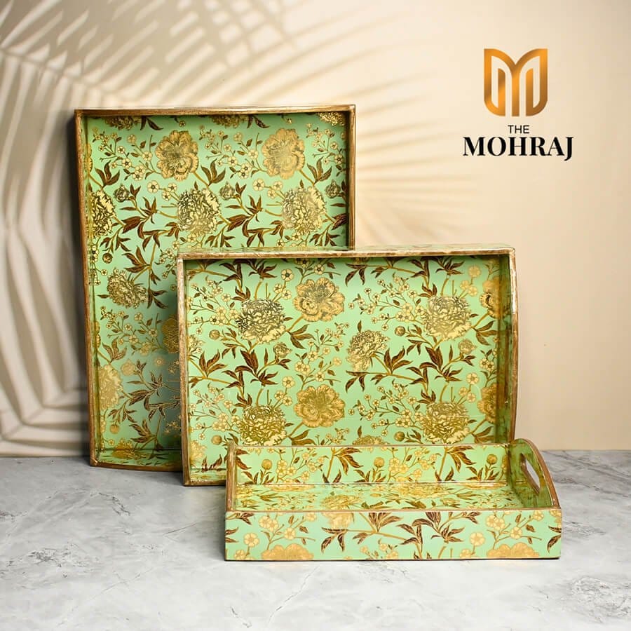 The Mohraj Green Floral MDF Trays with Curved Handles Set of 3  