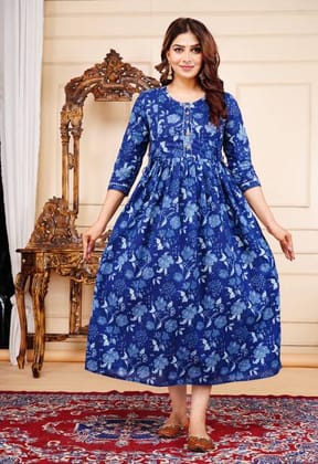 Women Printed Cotton Blend Anarkali Kurta  (Royal Blue)