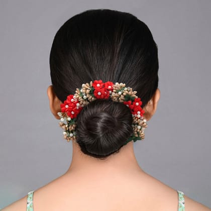 Red Color Flower Gajra For Women Hair Pin (HRP226RED)-Length: 22.00 CM x Width: 3.50 CM / Red / Alloy
