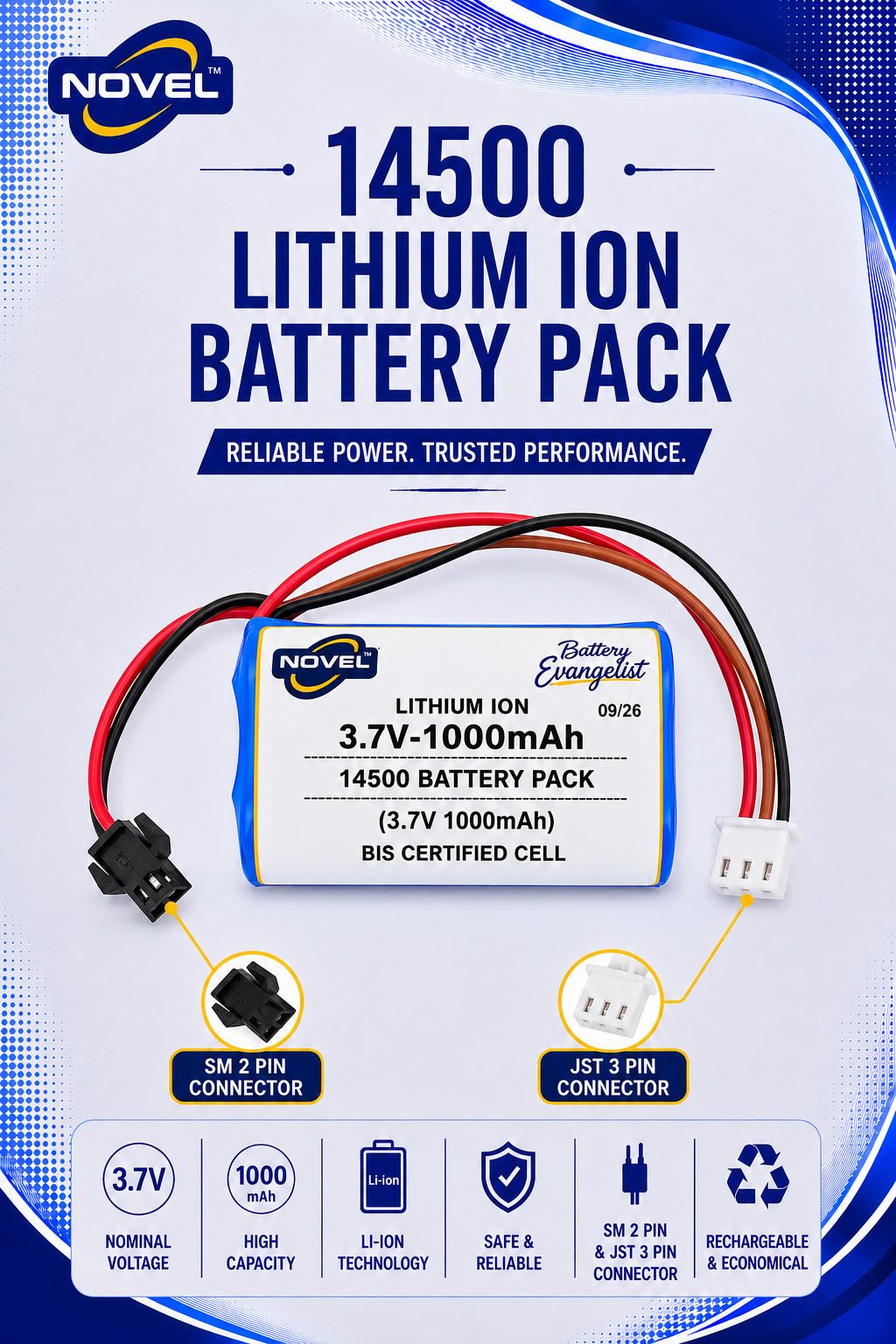 7.4V 1000mAh 14500 DUAL CELL JST 3 PIN + SM 2 PIN