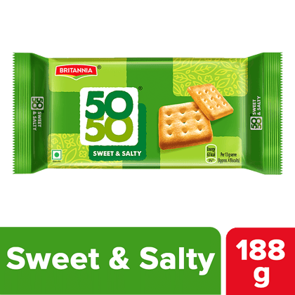 Britannia 50-50 Sweet & Salty Biscuit - Light, Crispy, Ready To Eat, 188 G Britannia 50-50 Sweet & Salty Biscuit - Light, Crispy, Ready To Eat, 188 G