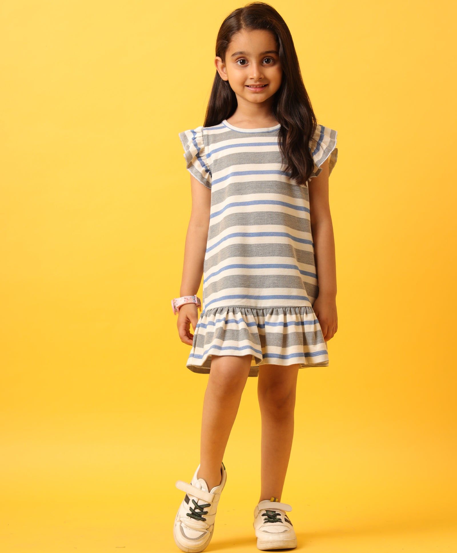 GREY WHITE STRIPED RUFFLE DRESS-GREY-6-12 MONTHS / 1N / GREY