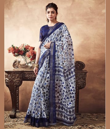 Samah Cotton Blend Printed Saree With Unstitched Blouse Piece ( Blue )