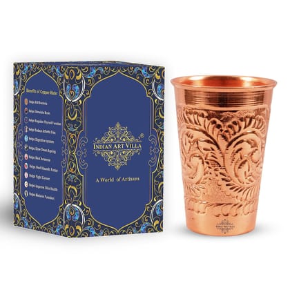 Indian Art Villa Pure Copper tumbler Glass Cup, Designer Small, 350 ML, Brown-Embossed / 1