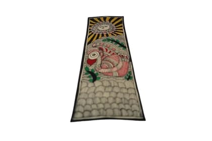 Traditional Madhubani Folk Art Wall Hanging, Hand-Painted Bird and Sun Design, Black Border Traditional Madhubani Folk Art Wall Hanging, Hand-Painted Bird and Sun Design, Black Border