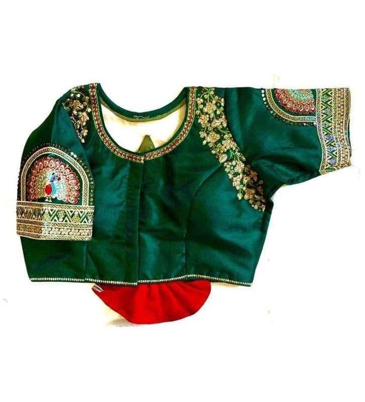 Women's Shining Silk Sequance Round Neck Short Sleeve Readymade Blouse (Green, Free Size)-PID57765