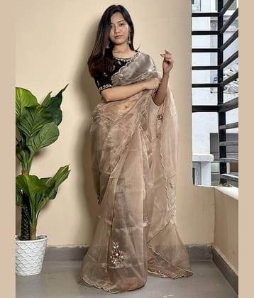 Rangtulika Ethnics Organza Woven Banarasi saree With Unstitched Blouse Piece ( Brown )