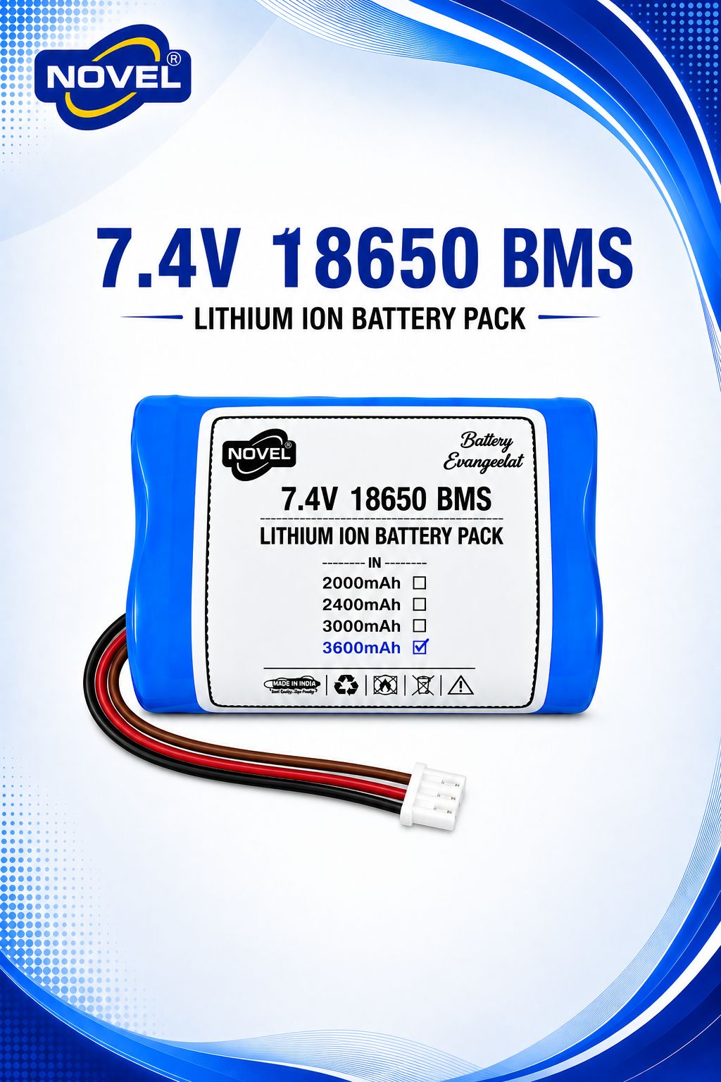 NOVEL 7.4V 18650 BMS LITHIUM ION DUAL BATTERY PACK WITH DC FEMALE- 3600mAh