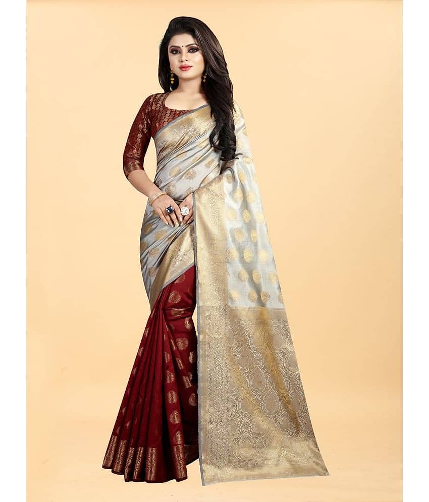 Gazal Fashions Banarasi Silk Embellished Saree With Unstitched Blouse Piece ( Cream )