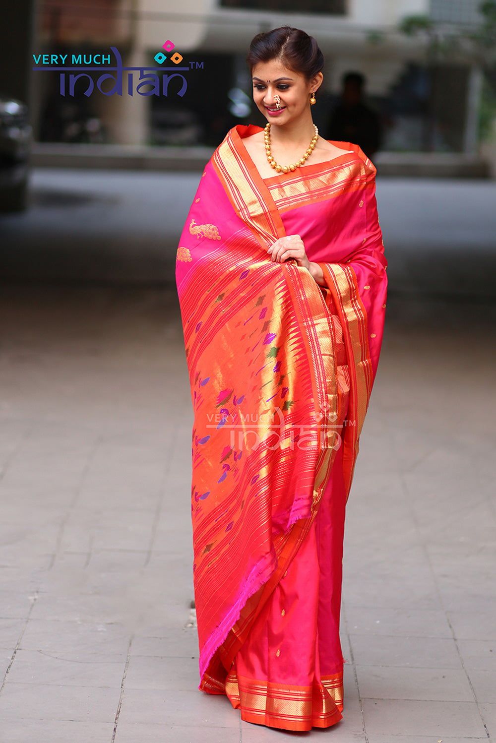 Pure Silk Handloom - Yeola Paithani - Pink and Orange (Multicolor Peacock Pallu Available)