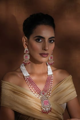 Fida Pink Polki Long Necklace Set-Polki
