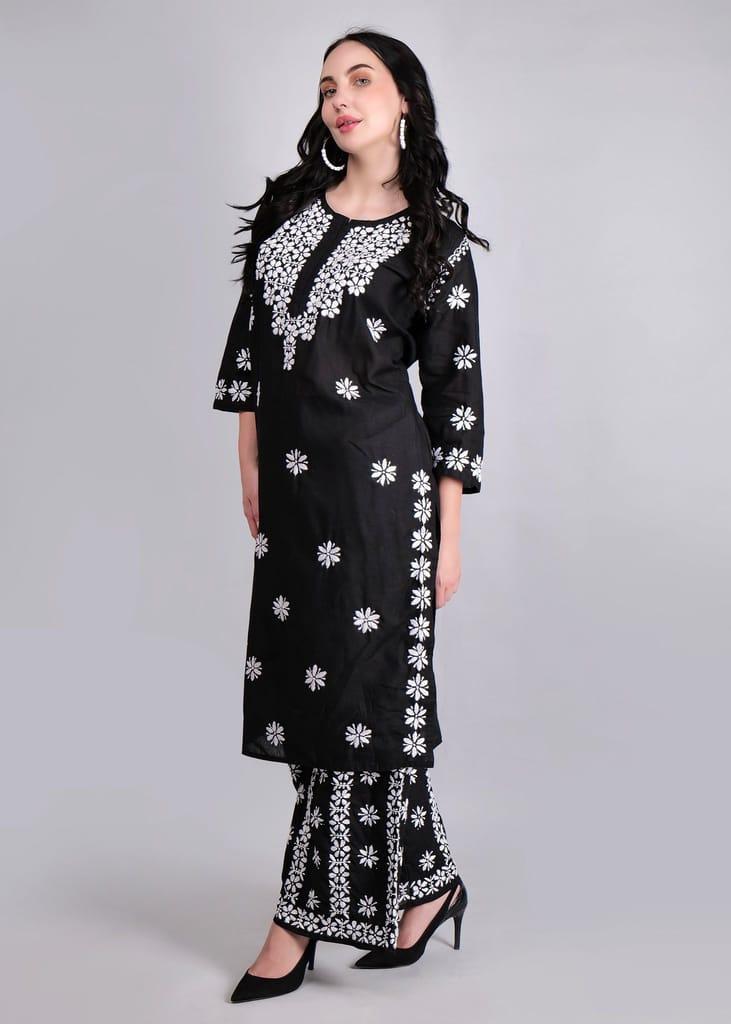 Pure Cotton Hand Embroidered Chikankari Plazo Set