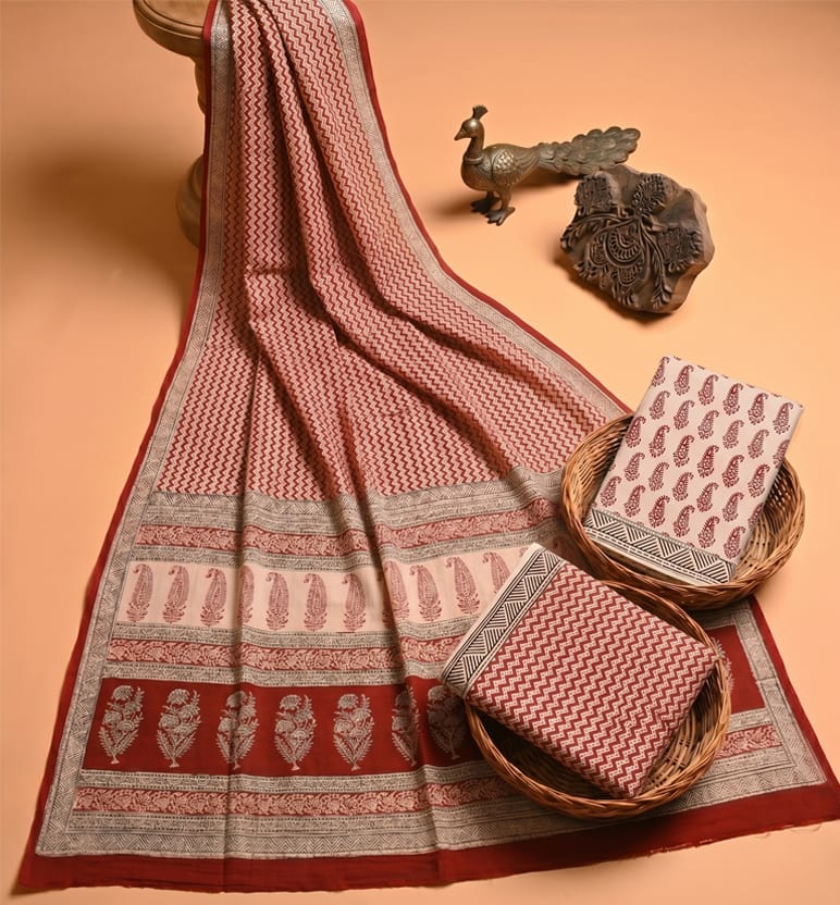 Handcrafted Bagh Print Cotton 3 Piece Suit Set 