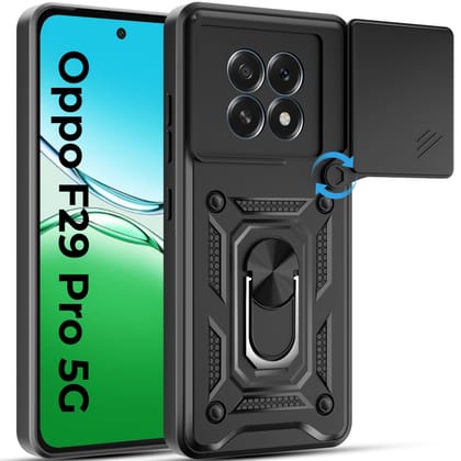 A rtistque Armor Bumper Back Case Cover for Oppo F29 Pro 5G | Stylish Ring Holder & Inbuilt Stand | Sliding Camera Cover | Shockproof TPU Protective Design | Oppo F29 Pro Back Cover - Black Premium Armor Series-Black