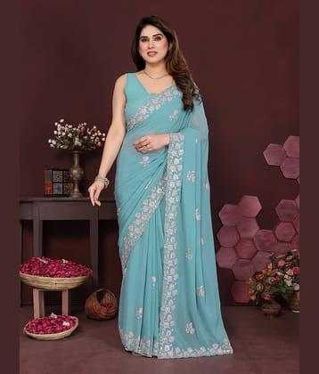 VEDANT VASTRAM Georgette Embroidered Regular Saree With Unstitched Blouse Piece ( Turquoise )